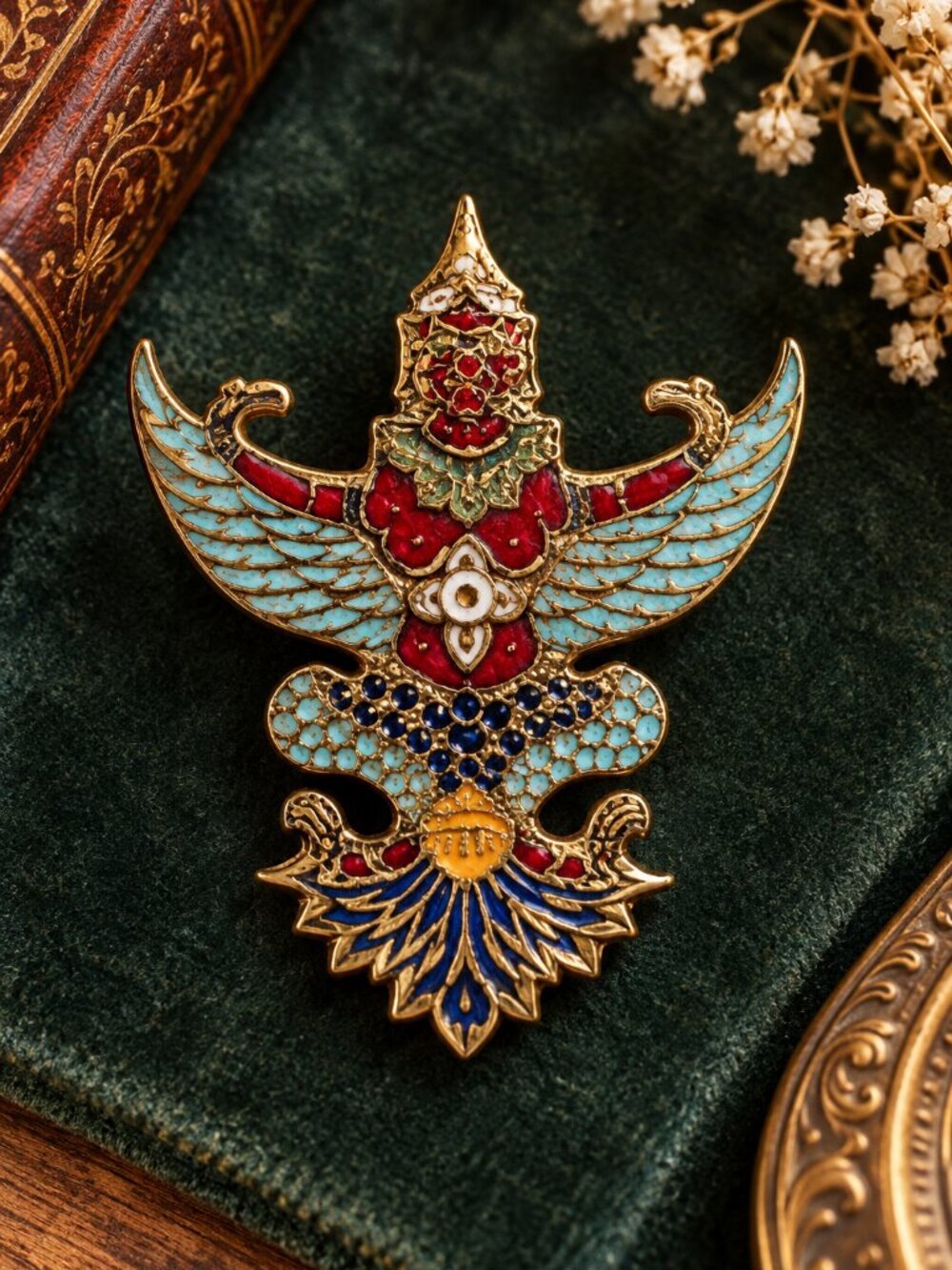 Vintage Thai Garuda Bird Gold Tone Multicolor Enamel Statement Brooch